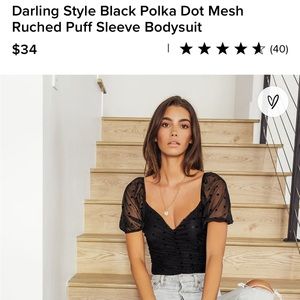 Lulu’s Darling Style Black Polka Dot Mesh Ruched Puff Sleeve Body Suit -NWT